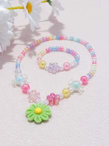 12pcs/Set Girls Cute Multicolor Flower Pendant Charm Beaded Necklace & Bracelet Jewelry Set, Suitable For School, Holiday Party, Birthday Gift, Random Color - Multicolor - View 11