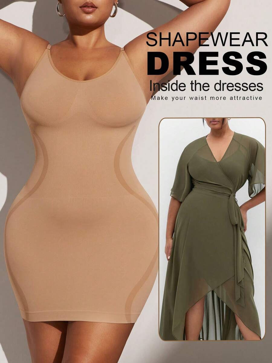 1件装加大码女士束腰连衣裙，无缝胸部和腰部系带连衣裙，加大码女士塑身裙连体裤，夏季 - 卡其色 - 查看 1