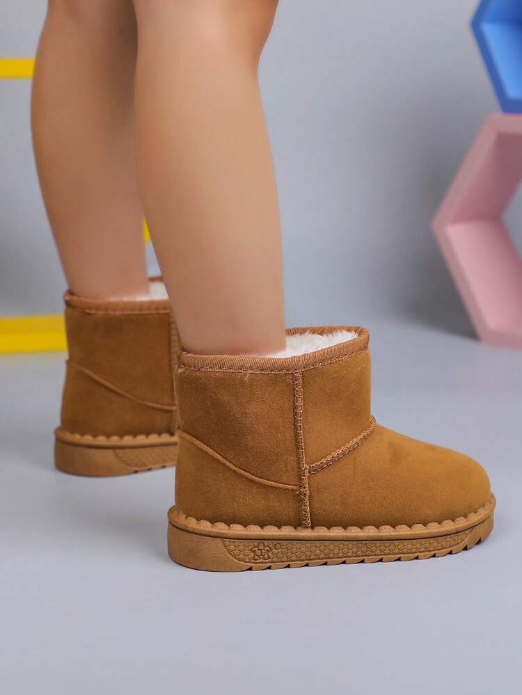 1 双儿童纯色冬靴，女童简约时尚雪地靴，厚实保暖软底舒适一脚蹬靴，适合男孩女孩冬季户外穿着（建议订购大一码） - 棕色 - 查看 8