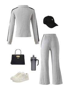 2pcs/Set Girls Casual Fashionable Minimalist Zip-Up Polo Shirt Long Sleeve Top And Striped Side Pants Set, Autumn/Winter 2025 - Grey - View 2