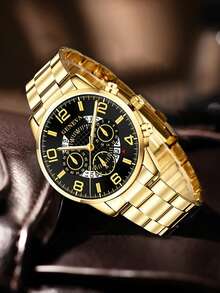 4pcs Gold-Tone Alloy Band Men's Watch Set, Business Stylish Numeric Dial Quartz Watch, Includes Bracelet, Necklace And Ring, Suitable For Daily Wear, Perfect Gift For Friends Or Father - Gold - View 3