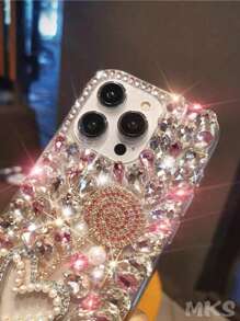 Luxury Fashion Rhinestone Pink Metal Glitter & Faux Pearl Heart Shockproof Phone Case Compatible With IPhone 16 Pro Max, 15 Plus, Galaxy S Series