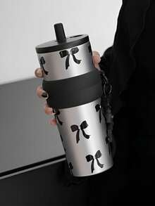 1pc 710ml/24.98oz Bow Insulated Cup,Cherry Insulated Cup,Portable Drawstring Water Cup,Large Capacity Insulated Cup,Insulated Cup With Straw,Reusable Cup,Accompanying Coffee Cup,Stainless Steel With Cover Lid
