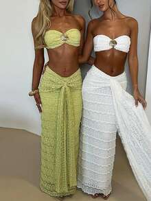 Women Summer Outfits Cute Shells Crop Bandeau Tops And Elastic Tie Front Skirt Set For Streetwear Aesthetic Clothes - màu xanh lá - Xem 6