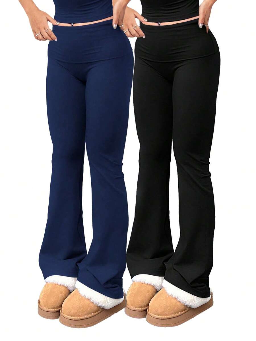 2pcs/Set Trouser Style Yoga Pants For Women Elastic Waist Gym Workout Flare Leggings Casual High Waisted Bootcut Yoga Pants - 藏藍色+黑色 - 查看 1