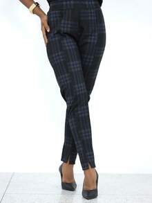 Women's Straight-Leg Plaid Pants With Hem Detail Launch 2025 - 黑色/海軍藍 - 查看 7