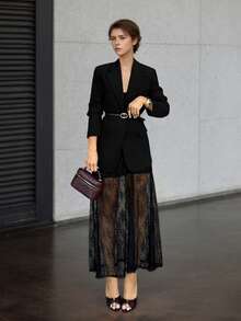 1 Set Women's Solid Color Button Blazer & Lace Skirt Suit Set, Casual Autumn/Winter