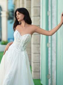 ANGELAG Strapless Heart-Shaped Lace Embroidered Beaded Slit Long Wedding Dress - Rice Skin - View 10