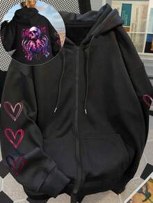 Women's Daily Skull Skeleton Hands Broken Heart HEARTLESS Hearts Pattern Graphic Zip-Up Jacket Hooded Long Sleeve Jacket Casual Spring/Summer/Fall Long Sleeve Tops Women Halloween Going Out Tops Women,Vacation Outfits Women Black Long Sleeve Top,Cute Tops,Crop Top,Tops For Women - Black - View 9