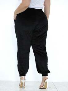 Women's Plus Size Plain Velvet Jogger Pants Comfortable Elastic - 黑色 - 查看 5