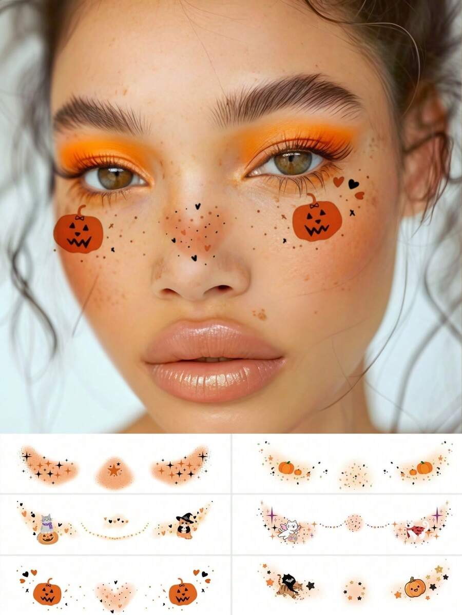 6 Blatt Halloween Sommersprossen Gesichts-Tattoos mit Katze, niedlichem Kürbis, Stern, Herz, wasserfeste realistische temporäre Halloween Tattoo Aufkleber für Frauen Cosplay Make-up Halloween Party Festival Abschlussball