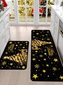1pc 40x60cm / 50x80cm / 40x120cm Christmas Decorative Doormat, Black & Gold Christmas Tree Pattern With Golden Reindeer, Snowflake & Star Elements, Suitable For Christmas & Winter Home Decor, Entryway, Balcony, Holiday Decoration