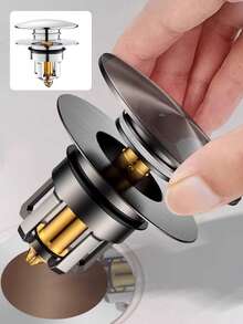 Uniwersalny korek do zlewu łazienkowego typu pop-up, stalowy konwerter typu push-type z ruchomym rdzeniem, nierdzewny korek do umywalki, korek odpływowy i filtr w jednym, artykuły kuchenne, akcesoria kuchenne, kuchnia, narzędzia kuchenne - Czarne - Zobacz 3