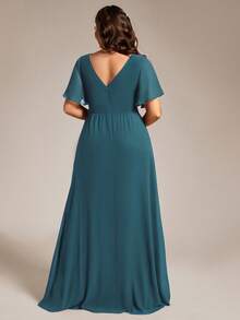 大码蝴蝶袖V领褶皱正式礼服，伴娘礼服，适合婚礼、派对、春季、情人节等场合。 - 水鴨藍 - 查看 3