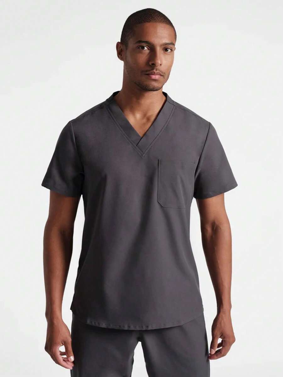 Men's V-Neck Short Sleeve Double Pocket Medical Uniform Top