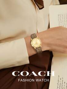 Coach Leather Strap Quartz Wrist Watch For Women With Gold-Tone Iconic C Brand Dial Watch Ladies Chic Luxury Round Analog Watch