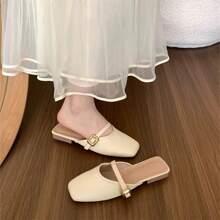 女式米色一脚蹬穆勒鞋，轻便低跟玛丽珍鞋，金属扣带，封闭式鞋头 TPU 凉鞋，橡胶鞋面和鞋底，轻便方便，适合休闲户外穿着，女式正装鞋