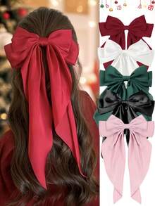 2pcs/Set Black & White Satin Oversized Bow Hair Clips, Large Size With Flowing Ribbons - Suitable For Girls And Women, Fits Various Hairstyles, Ponytail And Bun, Great For Back To School, Halloween Events And Daily Wear, Halloween Accessories, Fall, Festival, Rave Accessories, Claw Clips, Hair Claws, Hair Slide, Hair Barrettes, Fall Fashion, Autumn, Winter Outfit For Women, Bows, Cute, Hair Accessories - Multicolor - View 5
