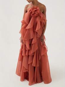 Women Summer Sleeveless Dress 3D Flowers Irregular Ruffles Backless Party Dress For Vacation Cocktail Beach Streetwear - trái cam - Xem 6