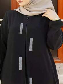 时尚气质休闲宽松拉链设计亮片女士圆领长袖黑色连衣裙Abaya Jilbabs迪拜适合日常居家节日四季 - 黑色 - 查看 3