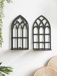 1 pieza Estantería de exhibición de cristal de estilo bohemio, estantería de pared con forma de ventana gótica, estantería de pared de iglesia vintage, soporte de vela de ventana falsa de color negro, ideal para fiestas de Halloween y decoración del hogar en la sala de estar y el dormitorio - Multicolor - Ver 11