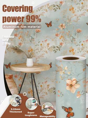 1卷 1米/3米/5米 复古橙色蝴蝶花卉3D效果乡村风格壁纸，可移除自粘式壁纸，乙烯基壁纸，适用于DIY家居装饰、房间背景、卧室、厨房、客厅、浴室、橱柜、家具翻新