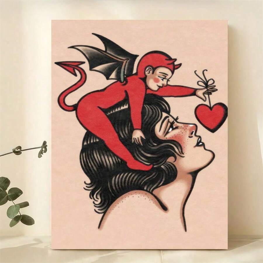 1 PIEZA "Raro" El amor es malo "Póster de arte en lienzo con diseño de tatuaje, adecuado para sala de estar, dormitorio, oficina en casa, diseño retro y moderno de dibujos animados - Multicolor B - Ver 1