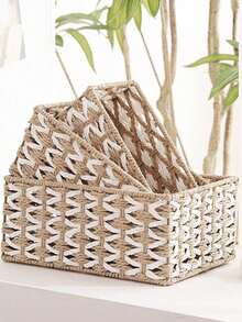 1pc Handwoven Storage Basket, Multipurpose Desktop Organizer Box, Living Room Storage Bin, Can Store Snacks, Toys, Keys And Small Items, Bohemian Geometric Woven Basket, Wooden Rattan Planter Stand, Mixed Natural Rope Decor, Creates Coastal Ambiance. - square - View 3