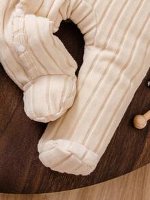 Bhchntiy 2件套婴儿秋冬新款可爱熊印花纯色毛绒罗纹圆领连脚裤休闲时尚服装 - 米色 - 查看 6