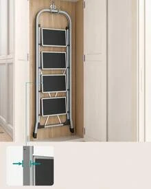 SONGMICS Step Ladder, 4-Step Ladder, Folding Ladder, Lock, Space-Saving Storage, Holds Up To 150 Kg, Grey - Grey - View 2
