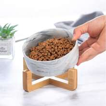 Ceramic Cat Dog Bowl Dish With Wood Stand No Spill Pet Food Water Feeder Cats Small Dogs