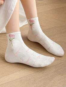 1/5双装女士纯色蝴蝶结郁金香花图案短袜，时尚简约休闲舒适，适合日常穿着、旅行、派对搭配，四季皆宜，圣诞礼物佳选。