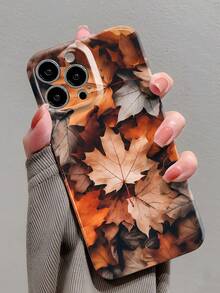 1pc Autumn Maple Leaf Patchwork Pattern Perforated Glossy Film Phone Hard Case, Compatible With IPhone 11/12/13/14/15/16 Pro Max Waterproof Shockproof Anti-Fall Scratch Resistant - Multicolor - View 1