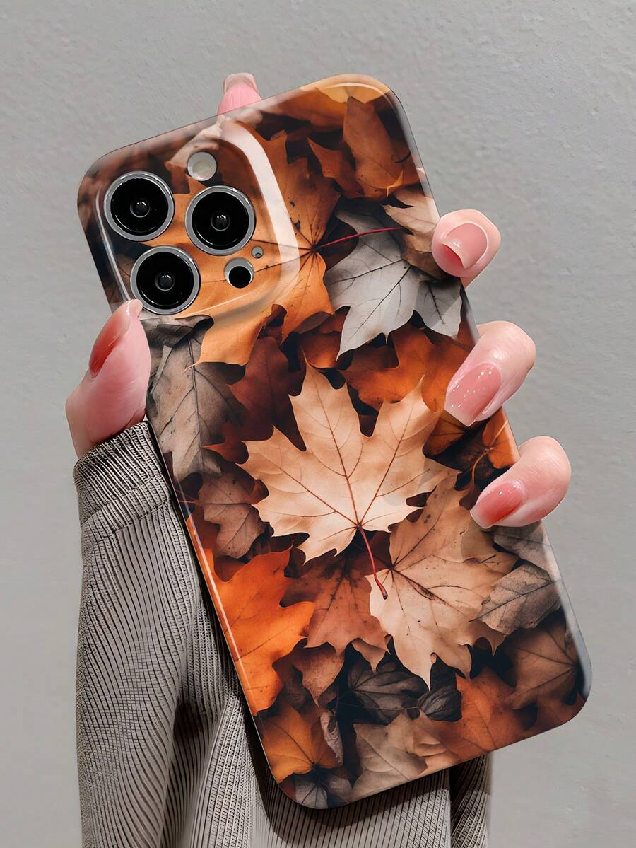 1pc Autumn Maple Leaf Patchwork Pattern Perforated Glossy Film Phone Hard Case, Compatible With IPhone 11/12/13/14/15/16 Pro Max Waterproof Shockproof Anti-Fall Scratch Resistant - Multicolor - View 1