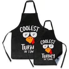 Cotton Linen Aprons With Pockets For Baking Funny Printed Aprons For BBQ Parties Remimi Christmas Apron Set 2 Pack Waterproof Kitchen Chef Thanksgiving Aprons Insulated Aprons For Hot Food Handling - 火雞黑 - 查看 1