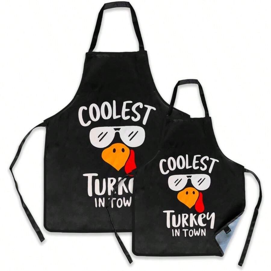 Cotton Linen Aprons With Pockets For Baking Funny Printed Aprons For BBQ Parties Remimi Christmas Apron Set 2 Pack Waterproof Kitchen Chef Thanksgiving Aprons Insulated Aprons For Hot Food Handling - 火雞黑 - 查看 1