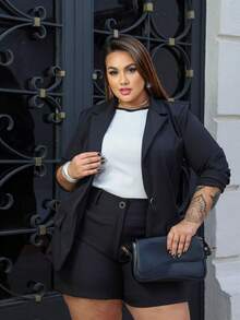 Max Blazer + Short Set Plus Size Tailoring Women's Simple Pocket Button Office - 黑色 - 查看 1