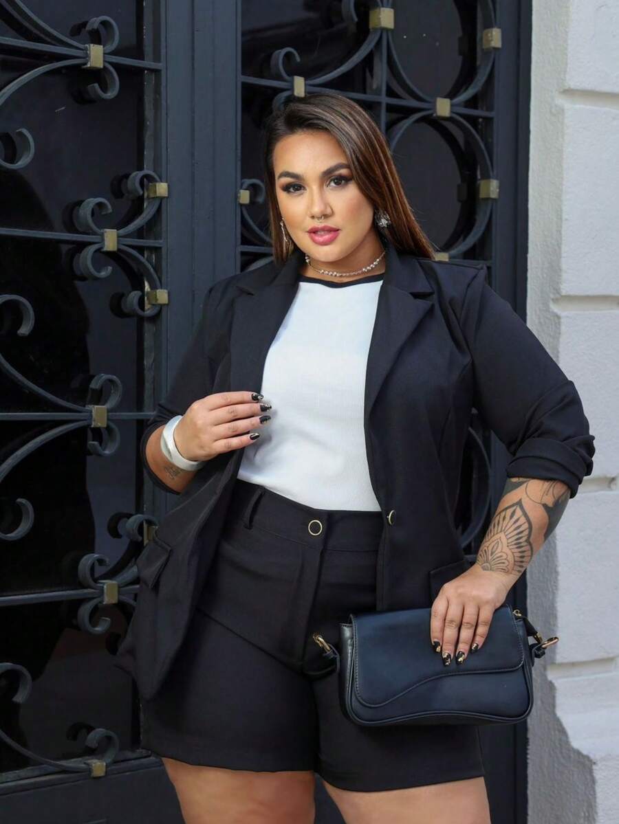 Max Blazer + Short Set Plus Size Tailoring Women's Simple Pocket Button Office - 黑色 - 查看 1