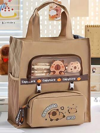 1 Bolsa de archivo de mano de tela Oxford con diseño de Capibara - Bolsa de almacenamiento de archivos de gran capacidad, con bolsillo con cremallera y ventana transparente, apta para oficina, estudio, aula, tutoría (marrón claro/marrón oscuro), esencial para el estudio, diseño divertido, diseño funcional, artículos de papelería esenciales para estudiantes hombres y mujeres durante la temporada de vuelta al colegio.