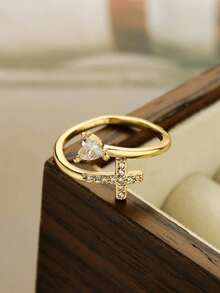 Cubic Zirconia Cross Decor Ring - 黃金 - 查看 3