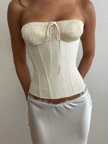 Women's Smocked Tube Tops Summer Fashionable Solid Color Off Shoulder Sleeveless Slim Fit Shirt - 香檳色 - 查看 3