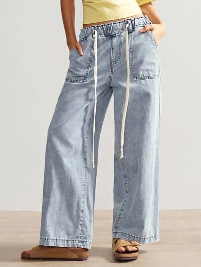 Bohemela バケーション カジュアル ウォッシュ加工 ドローストリング ワイドレッグジーンズ