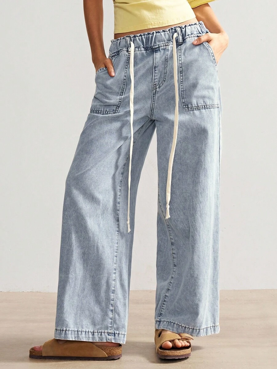 Bohemela 度假休闲水洗抽绳阔腿牛仔裤 - 藍色 - 查看 1