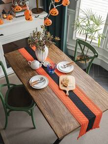 1 pièce Chemin de table tissé pour Halloween, nappe à rayures orange avec franges ajourés, convient pour Halloween, festivals quotidiens, rassemblements, fêtes, décoration de la maison, fond pour la photographie - Multicolore - Voir 6