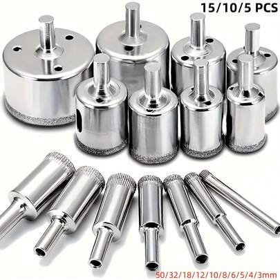 15件套镶钻高速钢钻头套装，电动工具开孔器套装，适用于大理石、玻璃、陶瓷和瓷器，开孔钻头尺寸从3毫米到50毫米