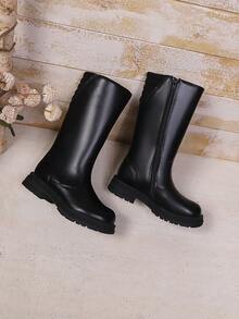 Factory Girls' PU Solid Color Tall Soft Bottom Comfortable Fashion Flat Boots, Solid Color Classic Tight-Fitting Elegant Non-Slip Durable Tall Boots, Suitable For Spring, Autumn, Winter Parties And Gatherings, Suitable For Outdoor, Daily Outdoor Walking High-Top Casual All-Match Boots