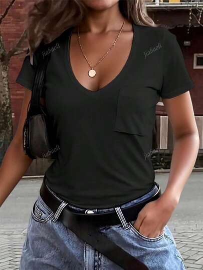 Women's Solid Color V-Neck T-Shirt, Solid Color Short Sleeve V-Neck, Fashionable For Summer