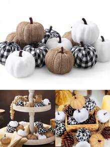 6 件 - 秋季装饰人造南瓜，用于装饰，白色假南瓜，格子布南瓜，用于秋收节感恩节万圣节婚礼的假南瓜装饰，用于家庭餐桌派对房间的粗麻布白色米色南瓜装饰，丰收装饰和展示，派对礼物南瓜，假植物