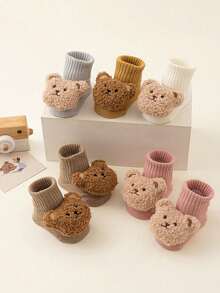 2 双婴儿幼儿可爱熊春秋新款毛绒防滑圆点抓地短袜，舒适保暖透气，多种颜色可选，适合居家、日常穿着、聚会 - 彩色 - 查看 6