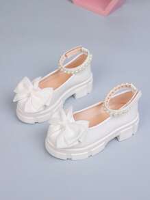 1 双女童春秋新款皮靴，蝴蝶和珍珠装饰，简约甜美公主鞋，软底舒适平底学生鞋，女童乐福鞋适合户外、派对、舞会 - 白色 - 查看 10